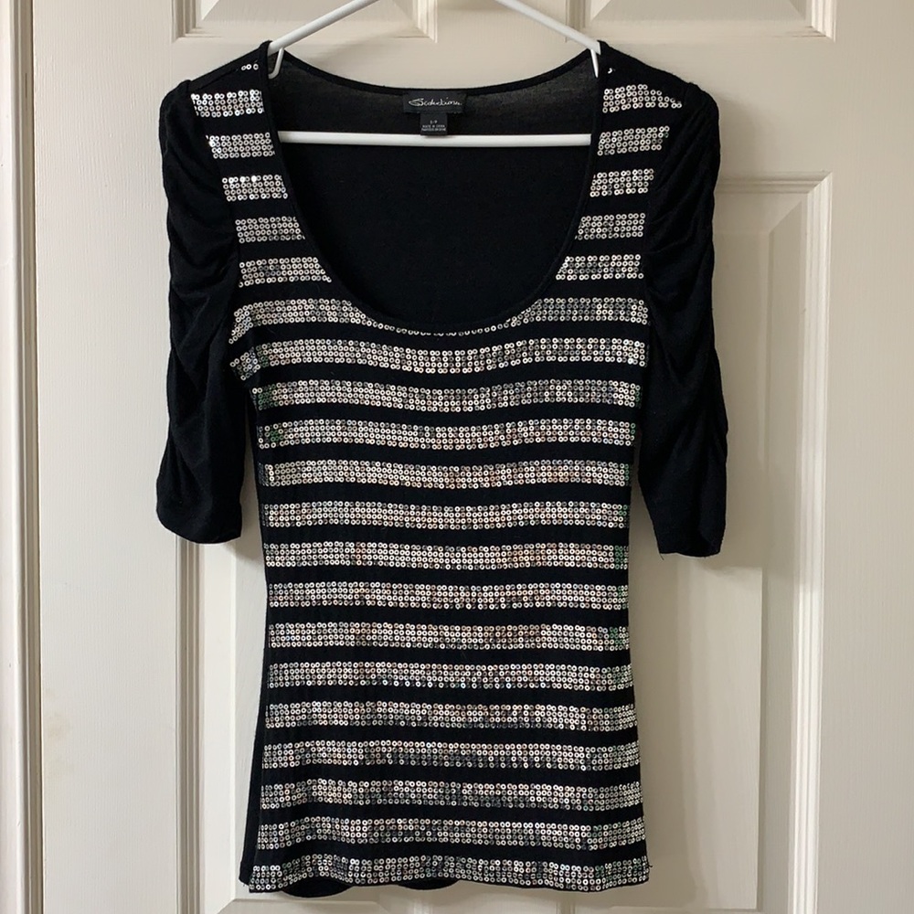 🌷3 for $25🌷Seductions, US S, Black & Silver Stripe Shiny Sequin 3/4 Sleeve Top